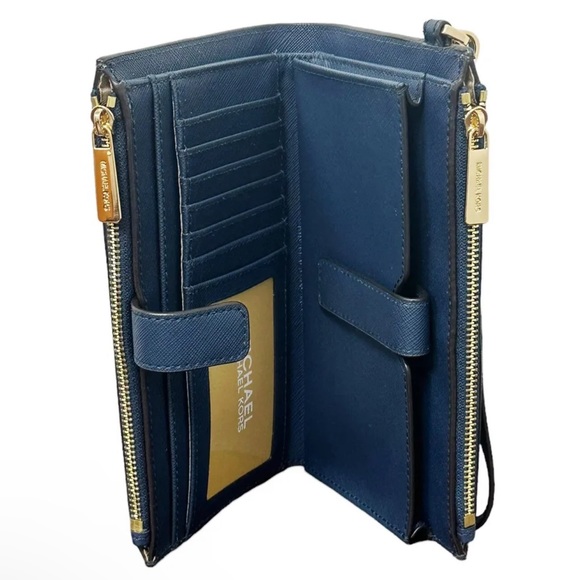 Michael Kors Jet Set Travel Large Double Zip Phone Wallet Wristlet Navy Leather - Picture 5 of 9